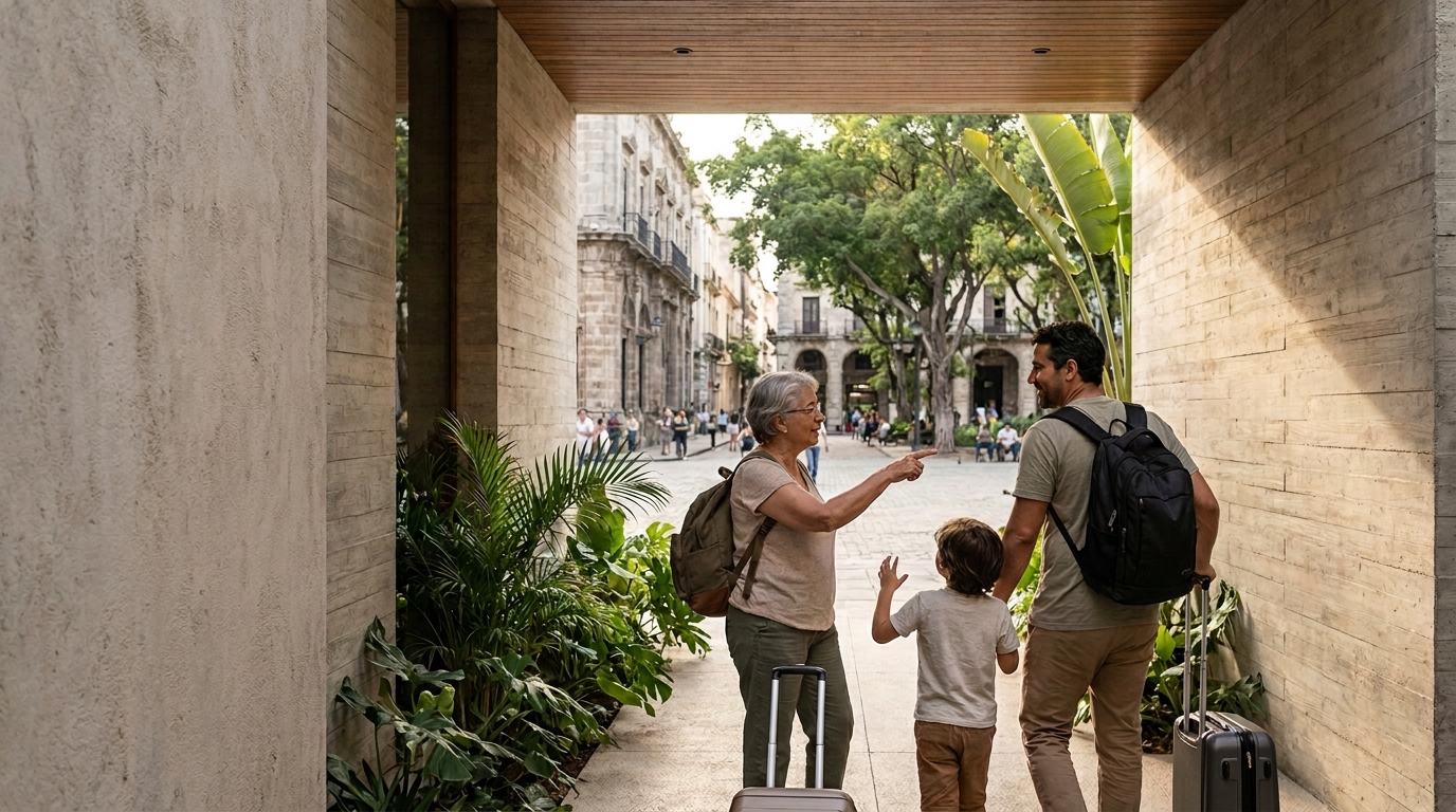 Avó, pai e criança atravessam com bagagem a passagem coberta de um prédio em direção a uma praça arborizada.