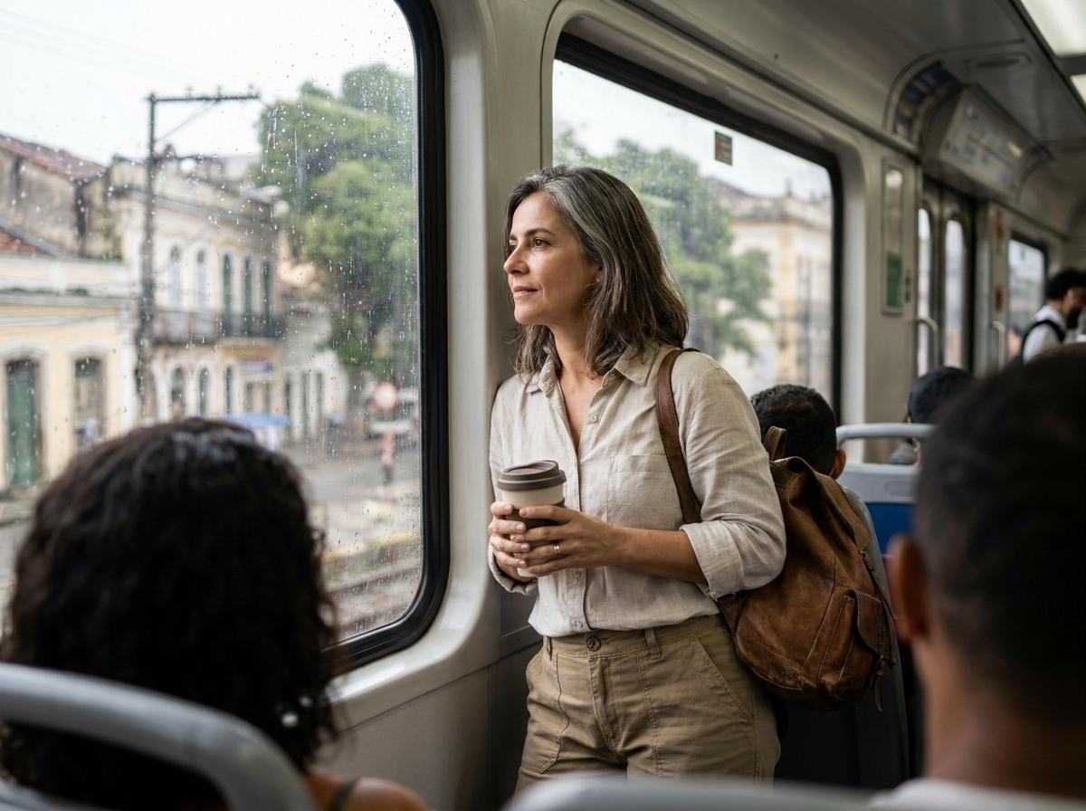 Mulher de cabelos grisalhos observa a cidade pela janela de um trem, com um copo de café nas mãos.