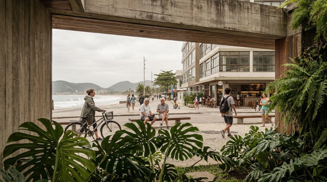 Vista de uma varanda sombreada para o calçadão à beira-mar, com pessoas sentadas em bancos e uma ciclista passando.